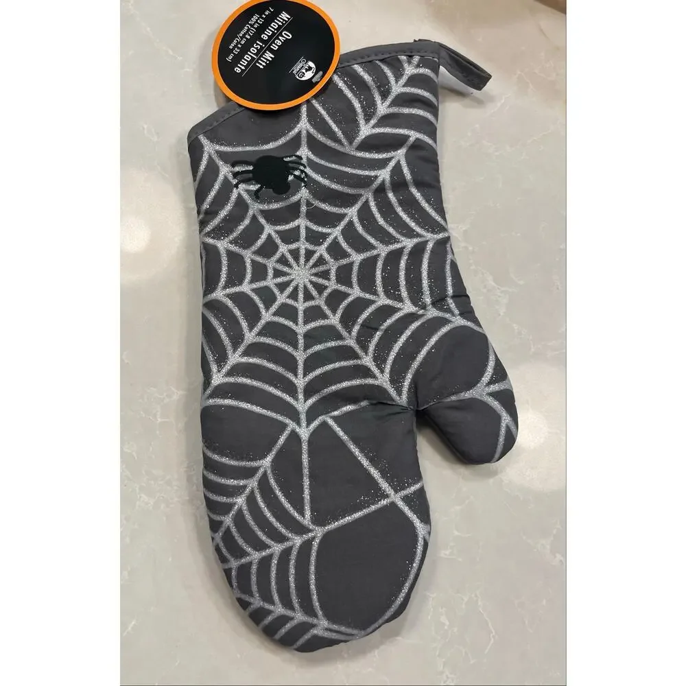 Halloween Spider Web Kitchen Set Towel Mitt Pot Holders Spatulas 6 Pc NEW